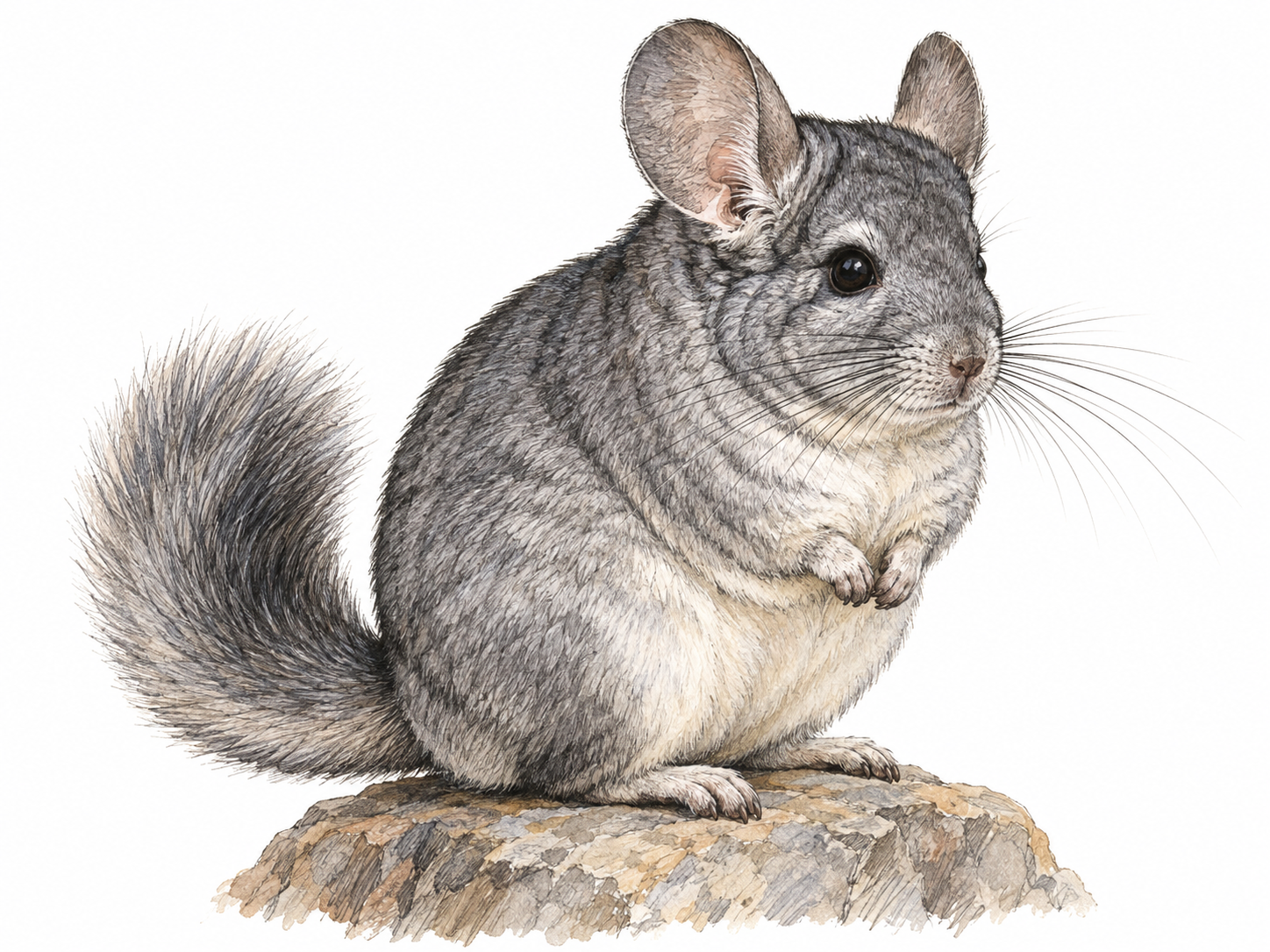 A single gray chinchilla in three-quarter side view on a small rocky ledge, with dense plush fur, large rounded ears, long whiskers, compact body, and a bushy curved tail clearly visible.