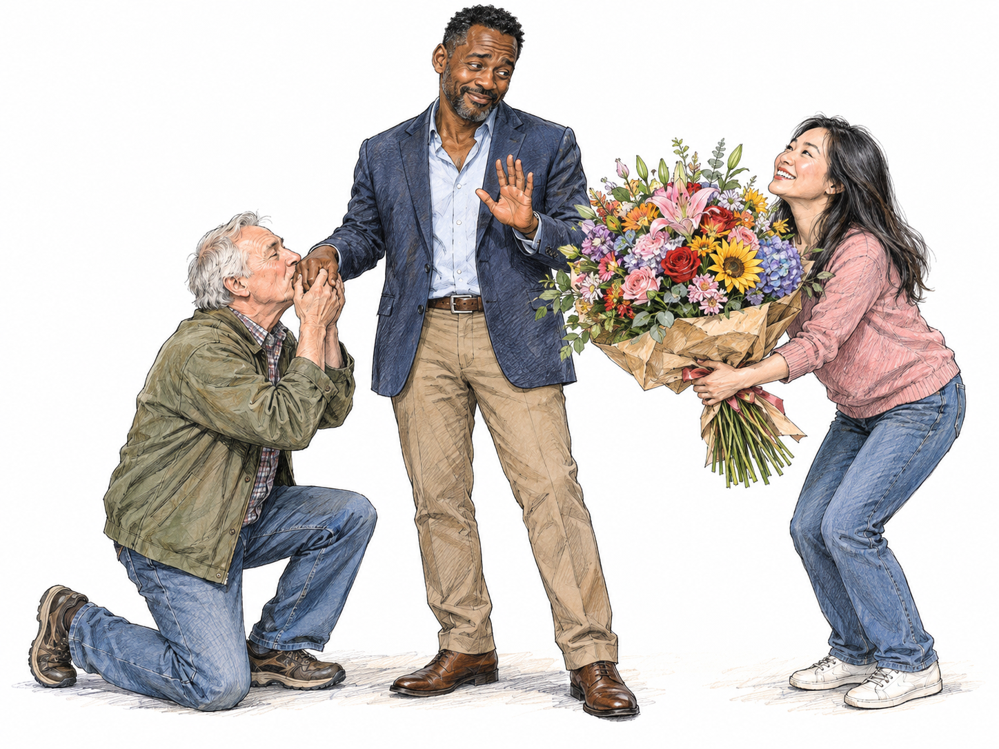 A celebrity receives conspicuously excessive admiration: one fan kneels to kiss his hand while another gazes up rapturously and offers an enormous bouquet.