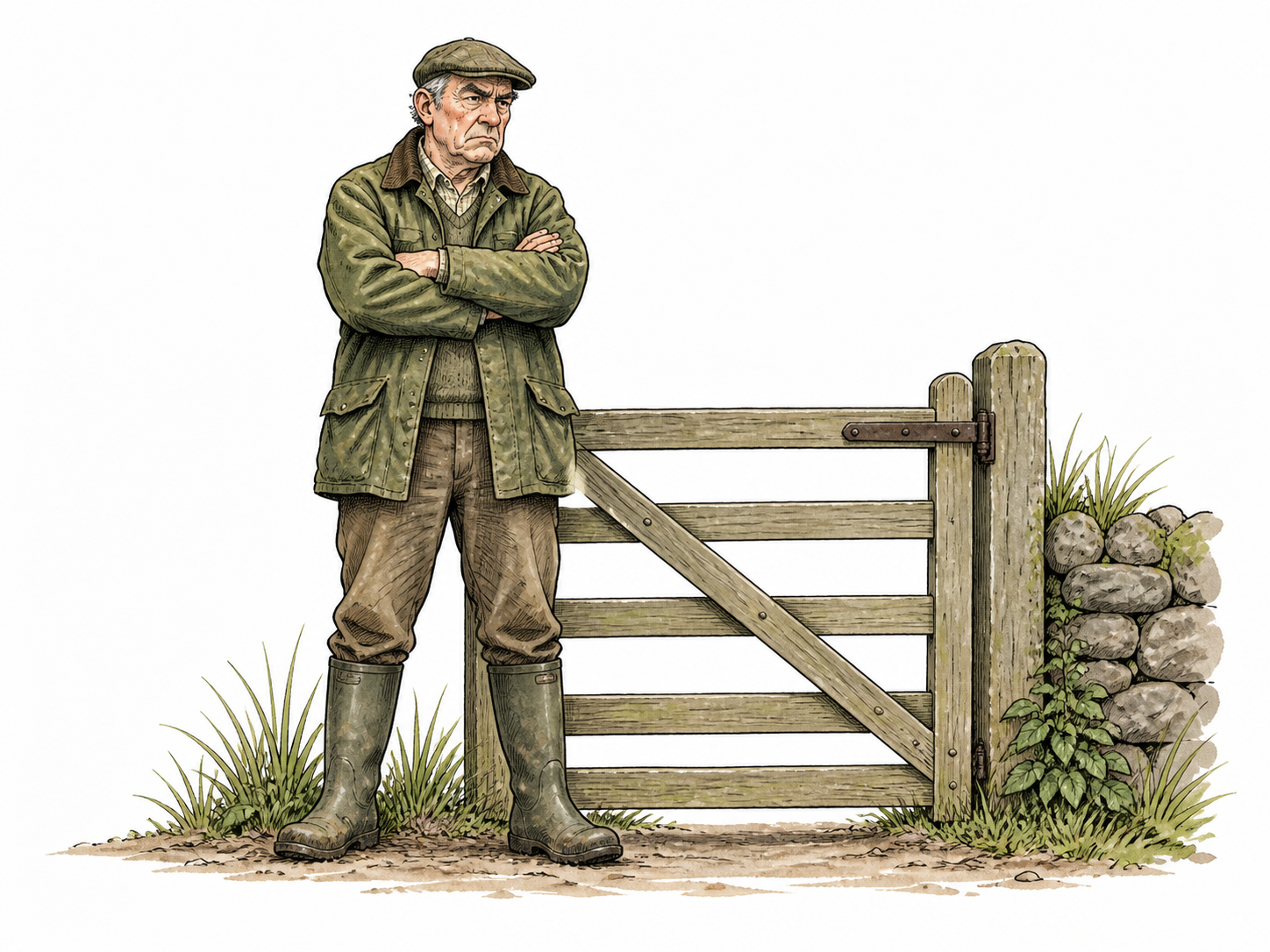 A stern older white caretaker with downturned mouth and folded arms stands by a plain gate, no hostility or caricature.