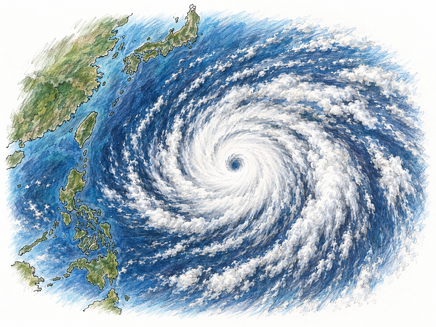 An oblique orbital view of a massive tropical cyclone over the western Pacific, with a clear eye and counterclockwise spiral cloud bands east of the recognizable Philippines, Taiwan and southern Japan.