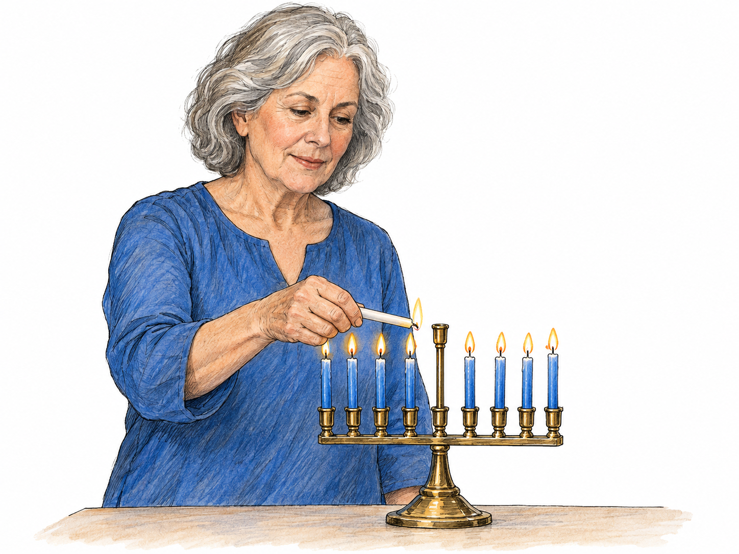 An older Jewish woman ceremonially lights a Hanukkah menorah, making observance visible through the performance of a recognizable holiday custom rather than passive watching.