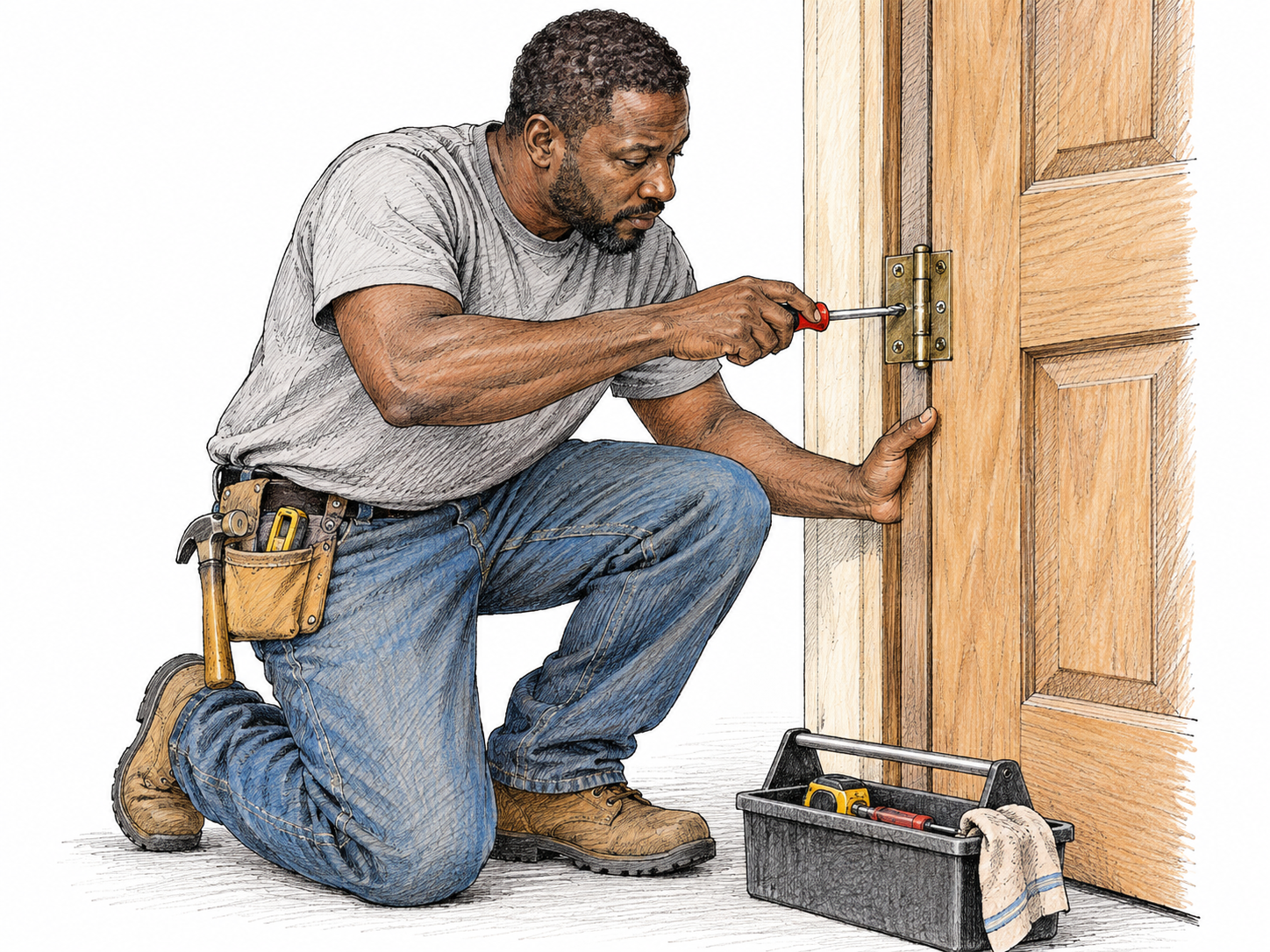 A male skilled worker repairs a wooden door hinge with a hand screwdriver, tool tip engaged and door supported, compact working scene.