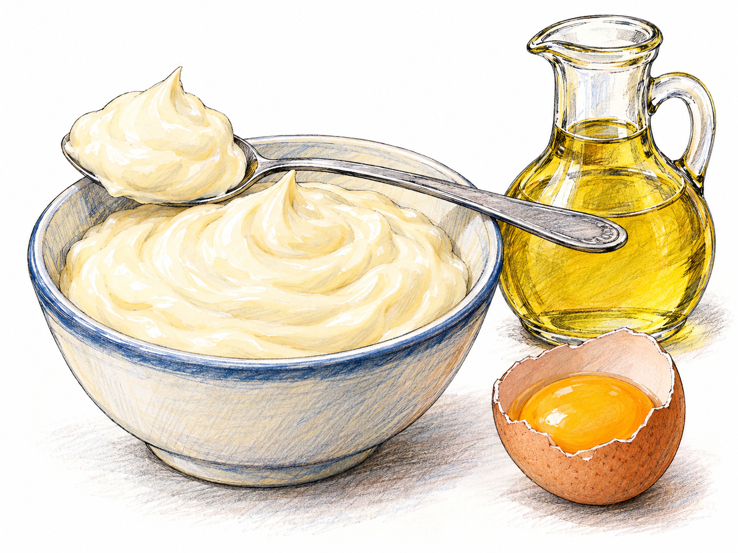 A small bowl of thick pale-ivory mayonnaise with a spoon holding a rounded dollop, accompanied by a small glass cruet of golden oil and an egg yolk in a cracked shell.