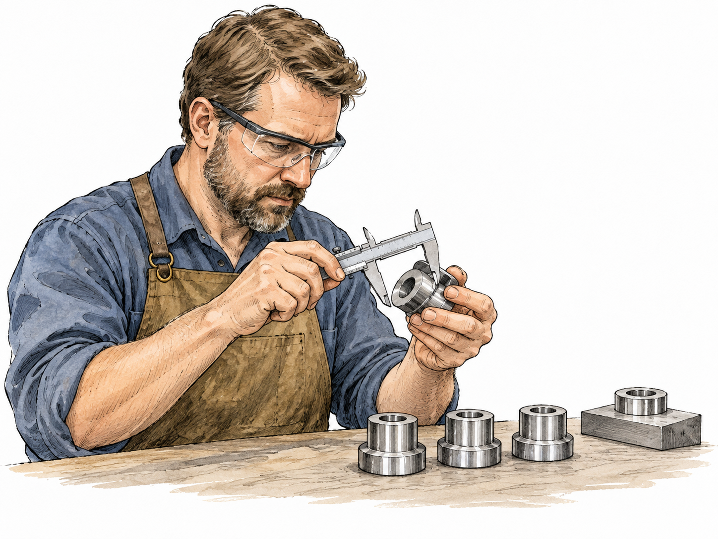 A white craftsperson uses precise calipers to inspect several machined parts against a clear standard.