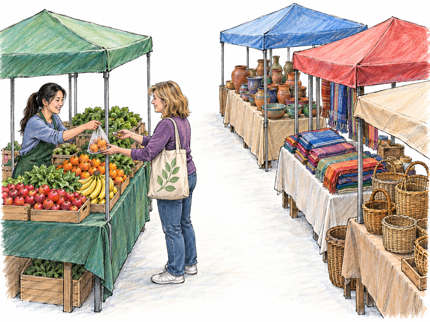 A compact open-air market with two facing rows of distinct merchandise stalls and a shared shopping aisle.