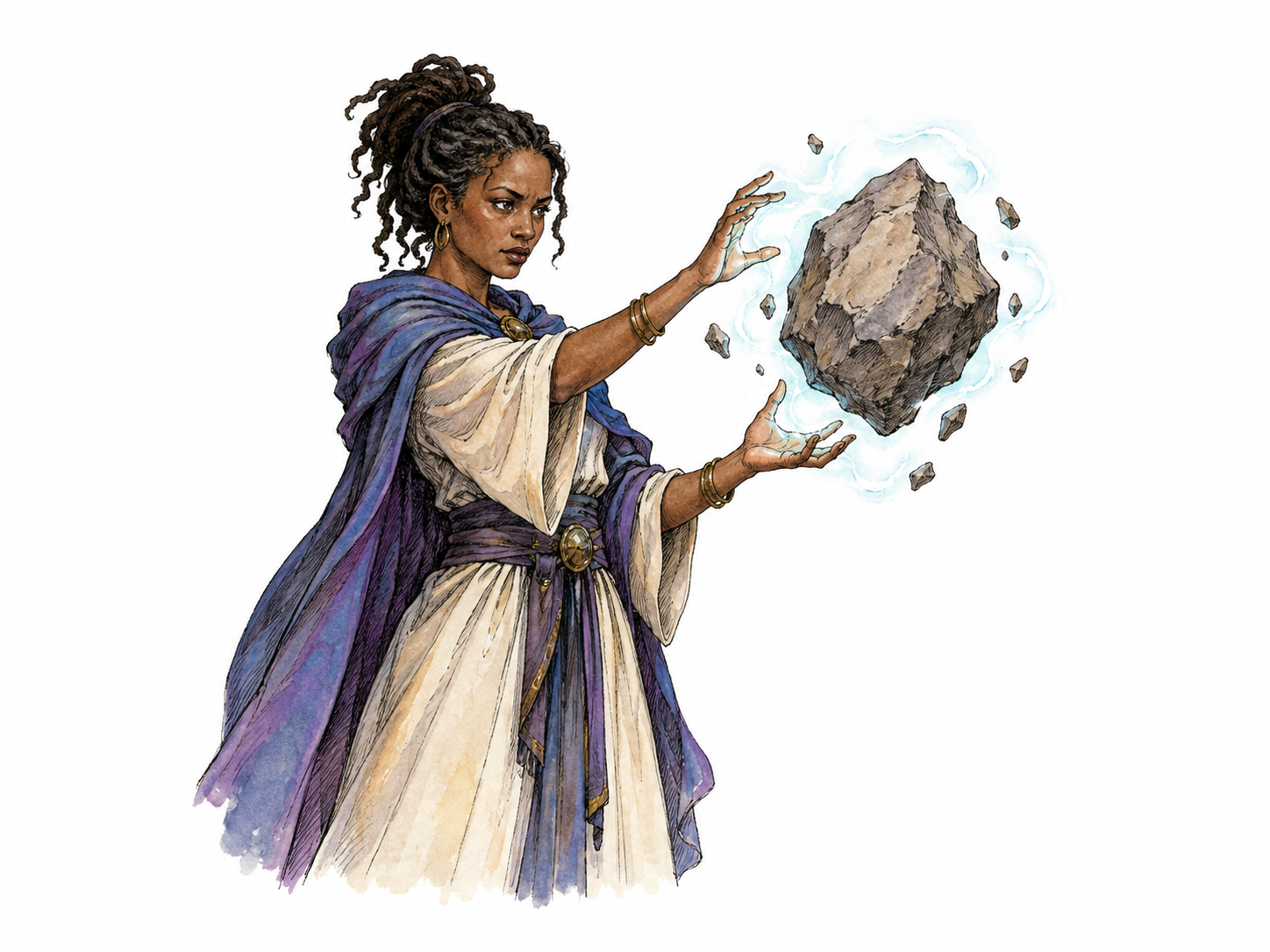 Fictional sorceress levitates a stone with luminous magical gesture, unmistakably supernatural fiction, no spell lettering or symbols.