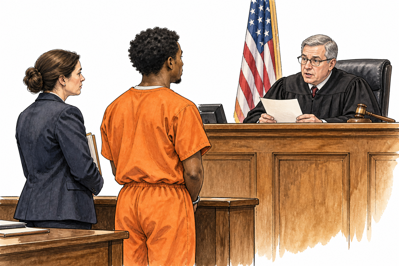 A defendant stands with counsel before a judge to hear a charge at arraignment, no depiction of guilt as established.