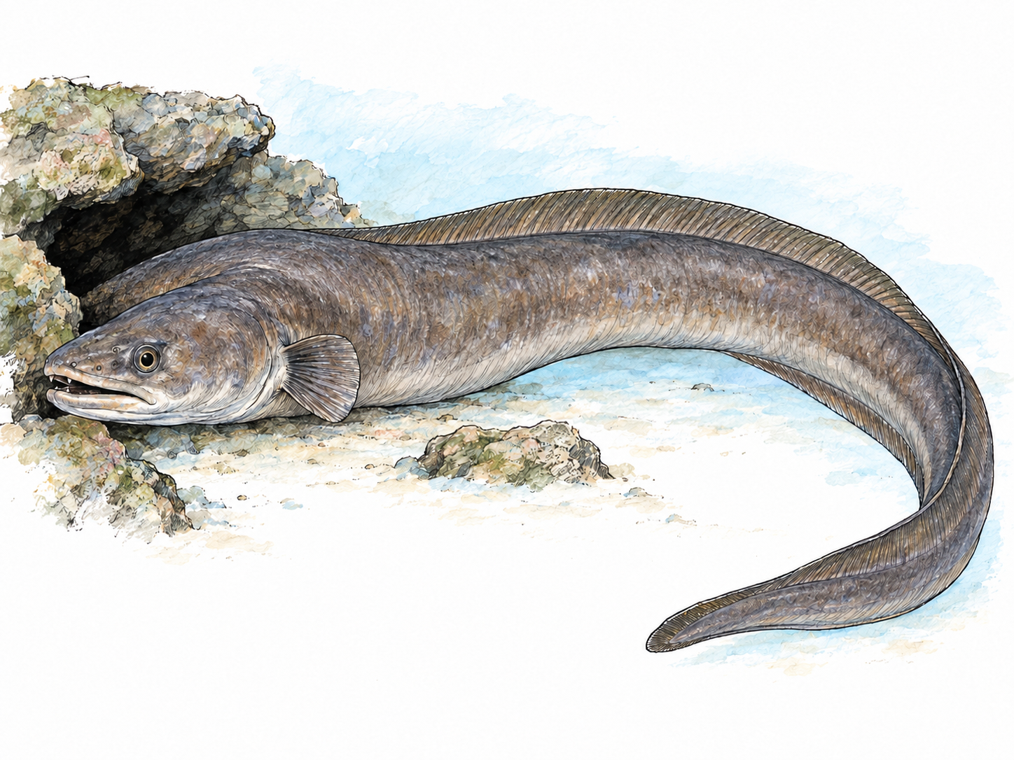 A single large conger eel curves out from a low rocky crevice on the seabed, its robust head and long tapering body clearly visible.