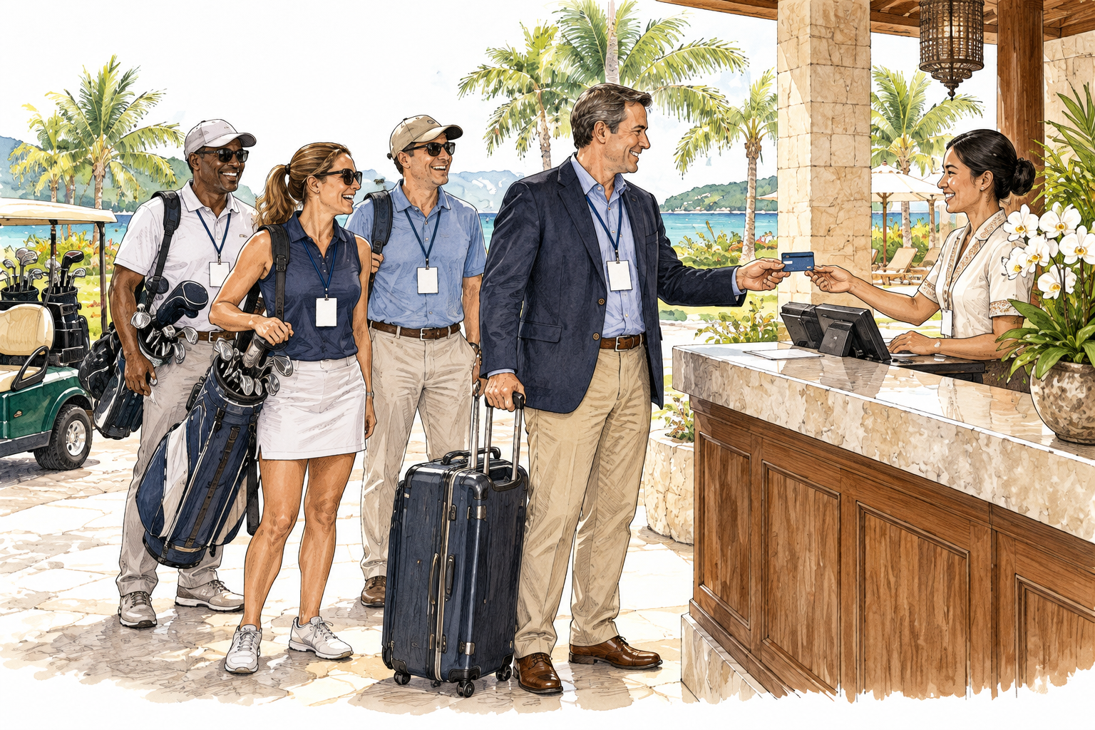 Business delegates with plain badges enjoy a lavish resort trip, golf bags and suitcase nearby while one representative pays the resort bill using a company credit card; card and paper completely unlettered.