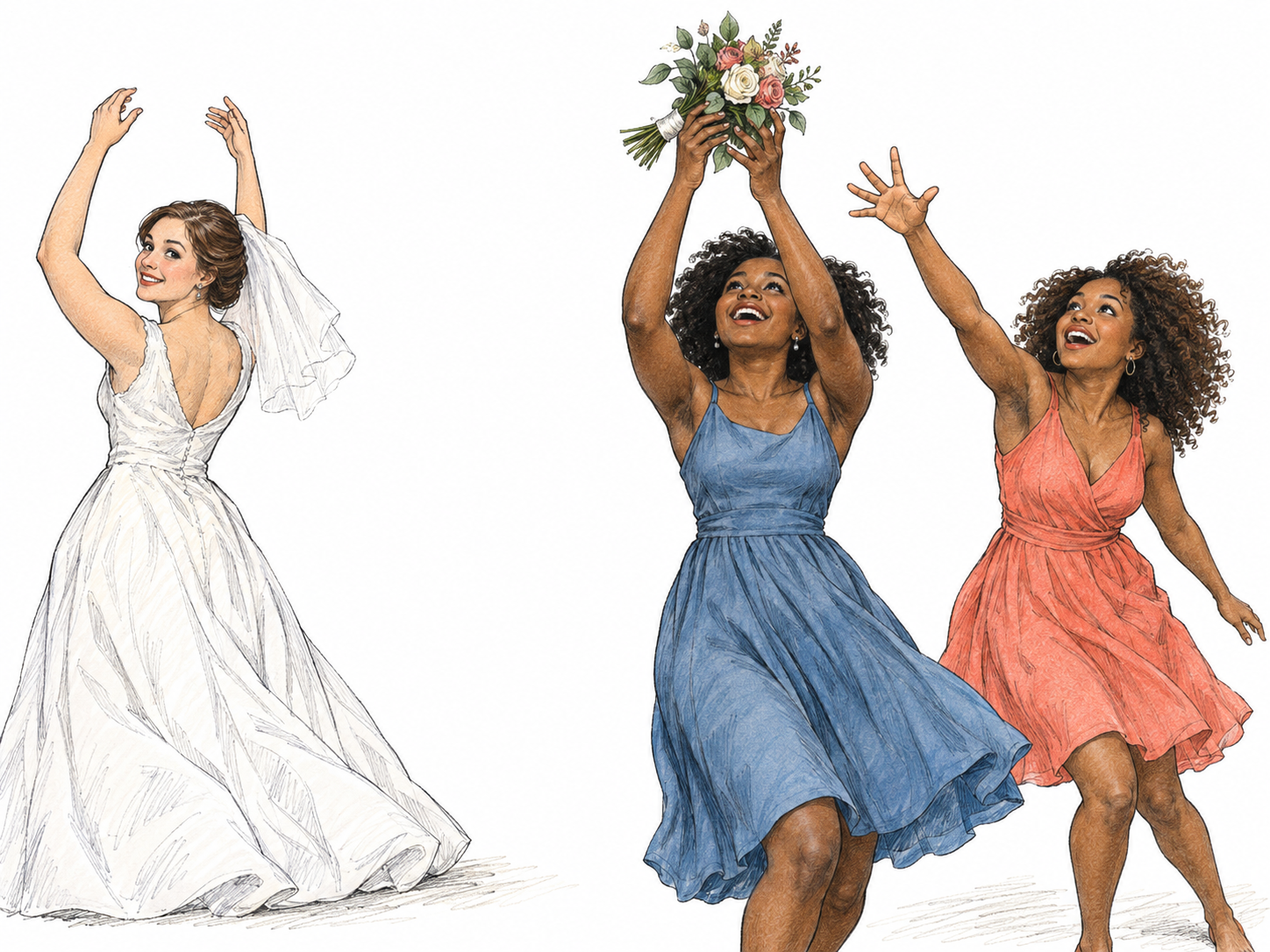 A young unmarried woman catches the bride's tossed bouquet at a wedding.