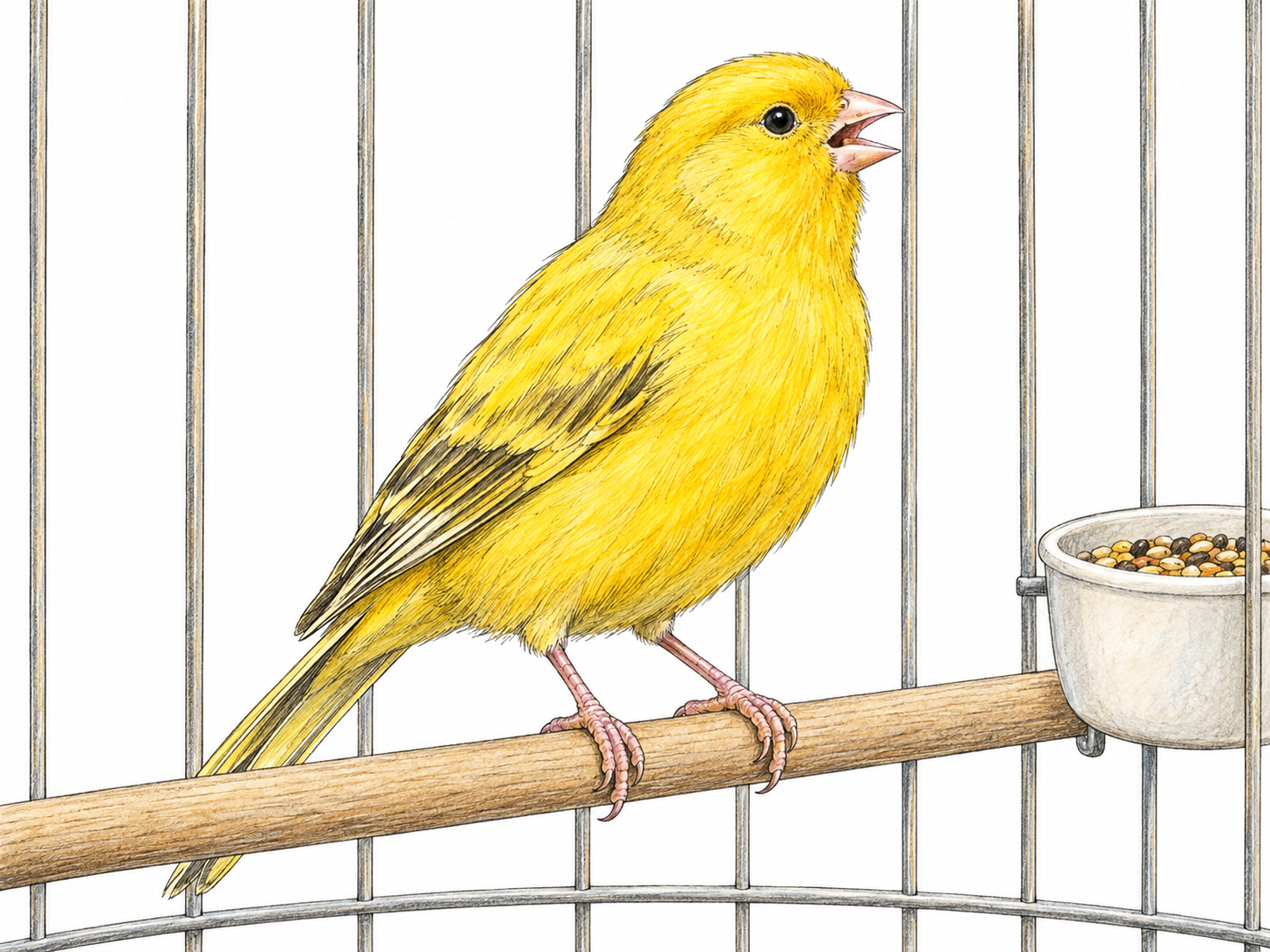 A single small yellow domestic canary perched on a wooden dowel inside a simple pet birdcage, shown in clear three-quarter profile with its beak slightly open in song.
