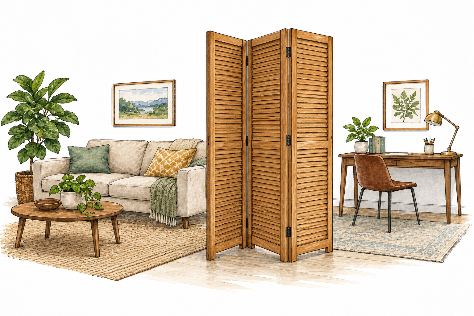 Wooden room divider separates one room into two usable areas.