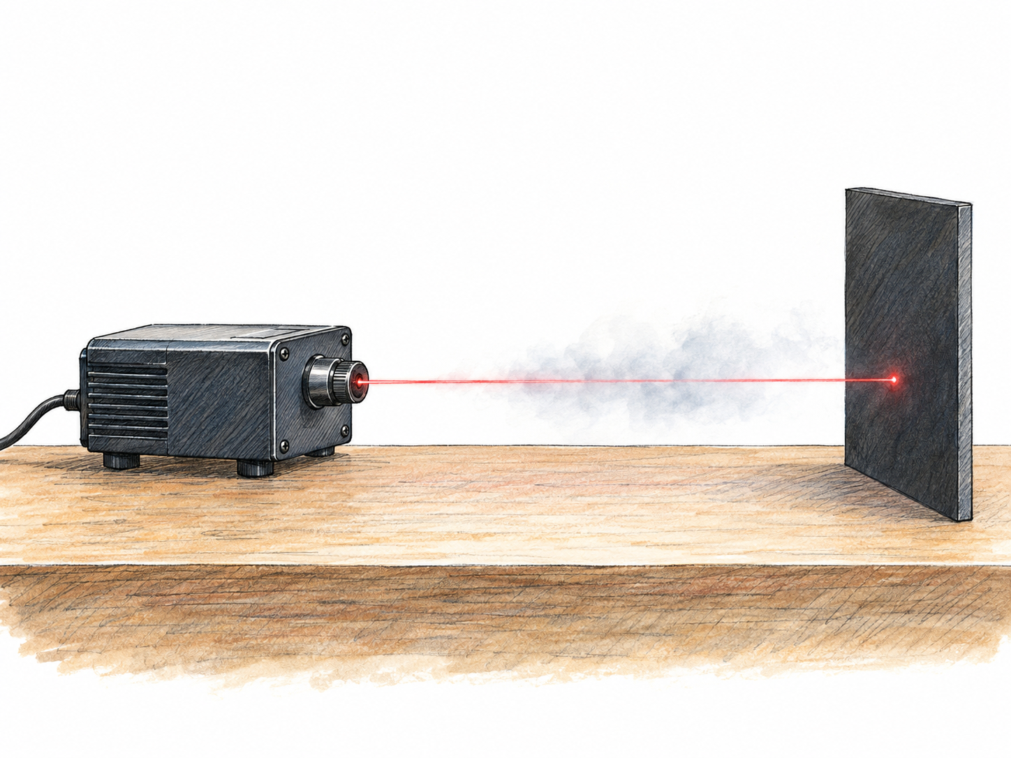 A compact laser device emits a single narrow red beam through a small area of faint mist toward a matte target, producing one bright red dot.