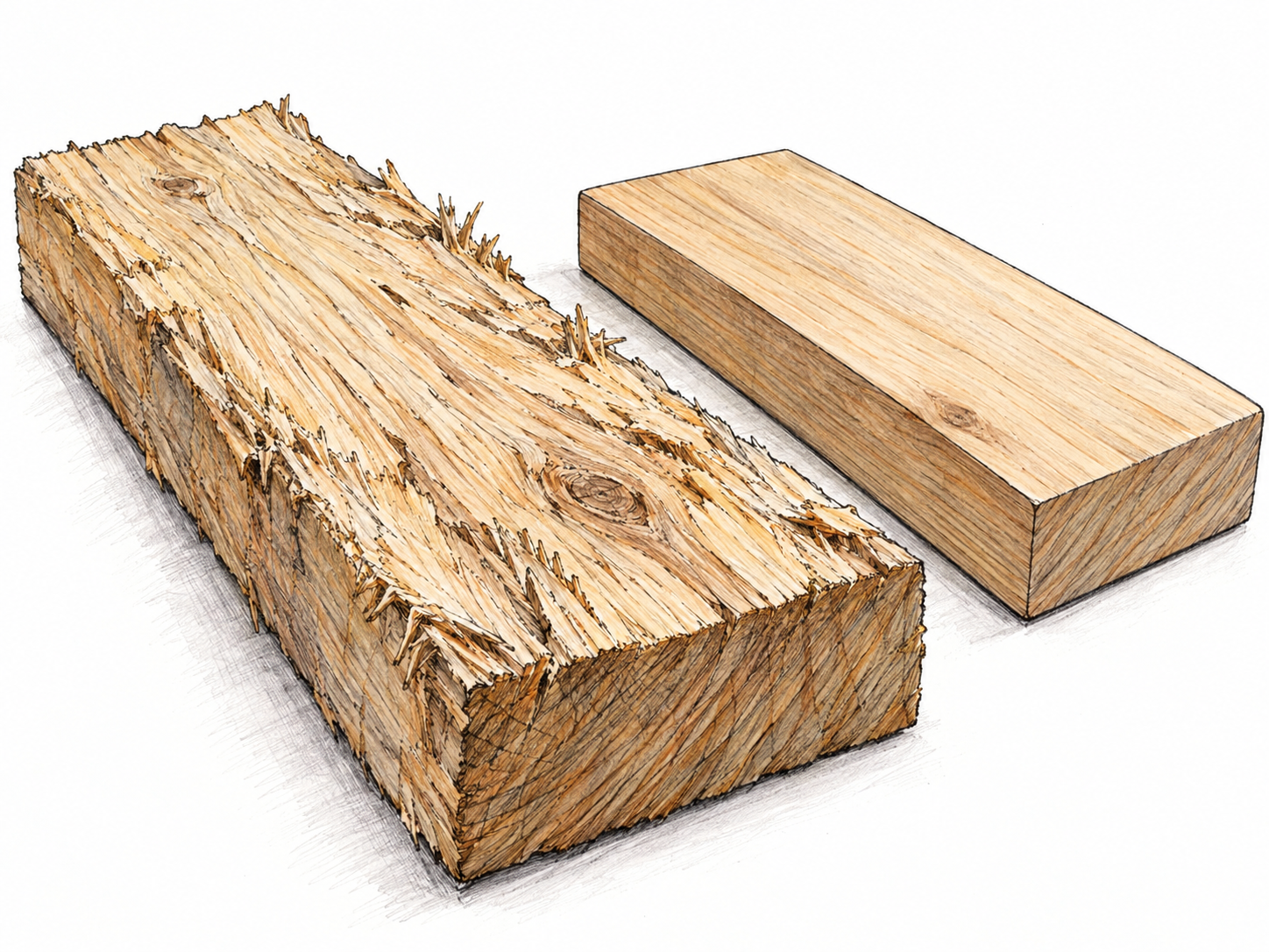 A close view of a rough, unfinished wooden board beside a smooth planed board, making the uneven surface immediately visible through raised fibers, splinters and ridges.