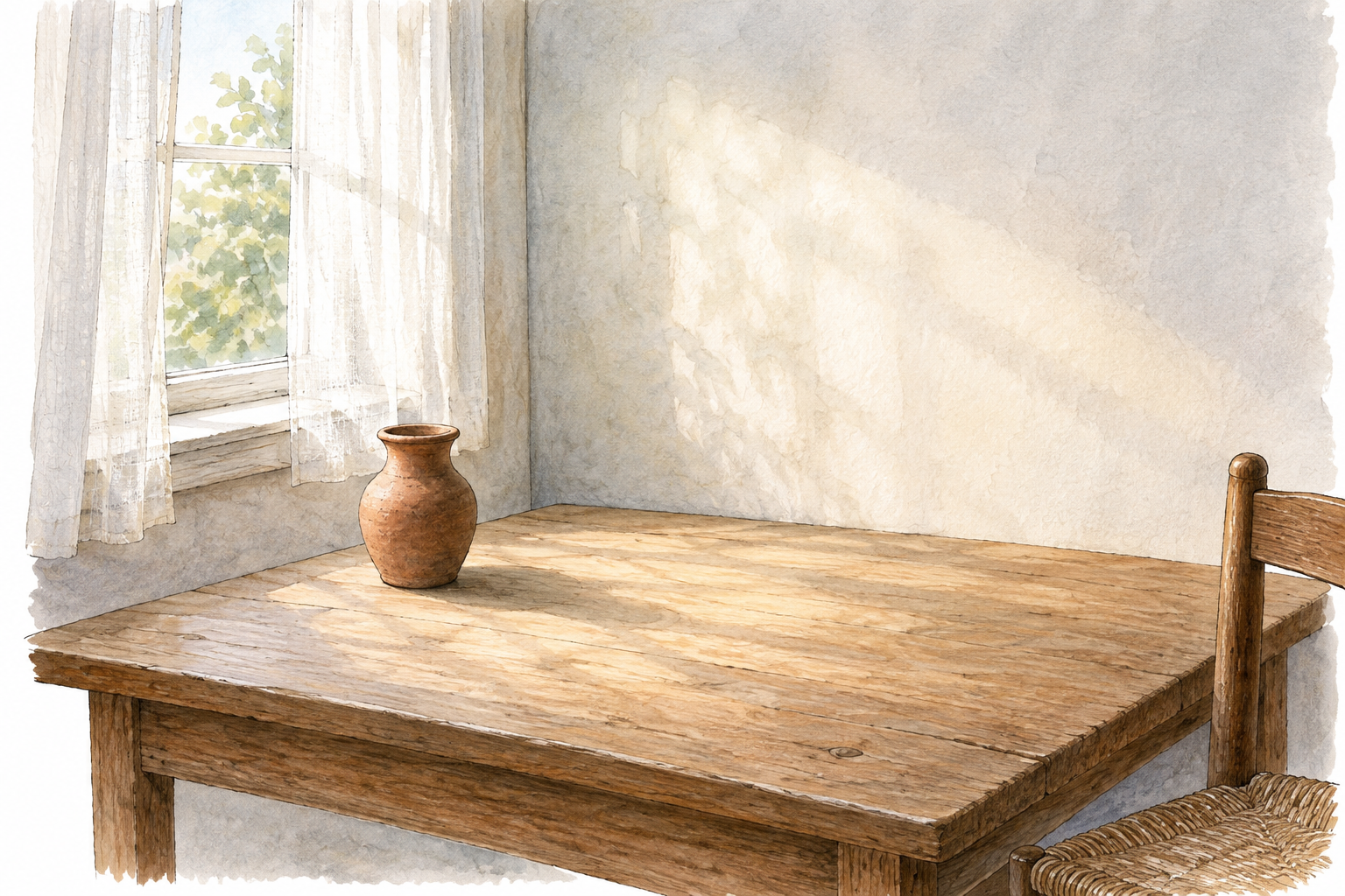 Sunlight filtered through a sheer curtain spreads broadly and softly across a room.