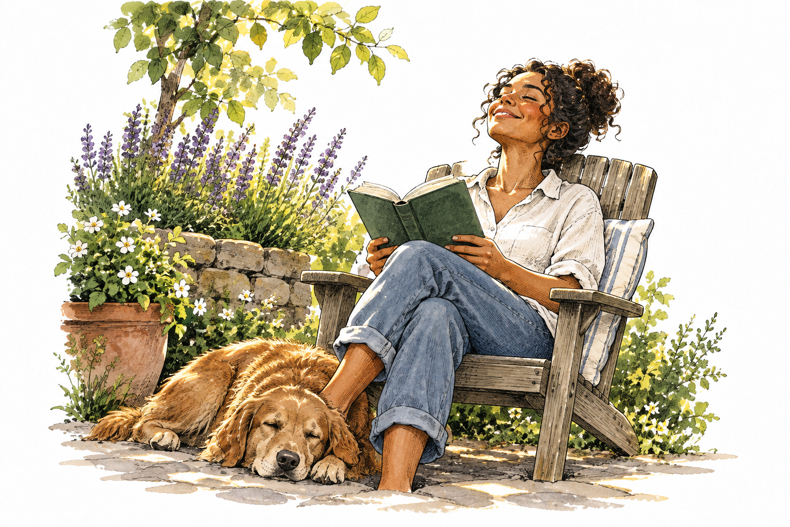 An adult enjoys reading in a sunlit garden with a contented relaxed expression.