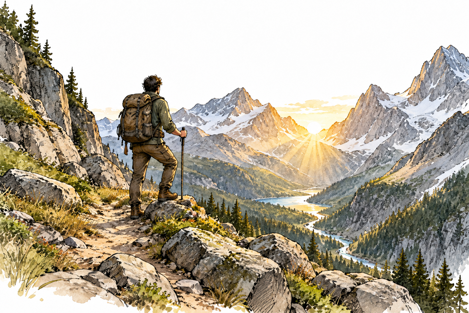 A dramatic cinematic landscape composition with a lone traveler silhouetted against a luminous mountain pass, strong visual storytelling while retaining visible editorial pen contours and watercolor.