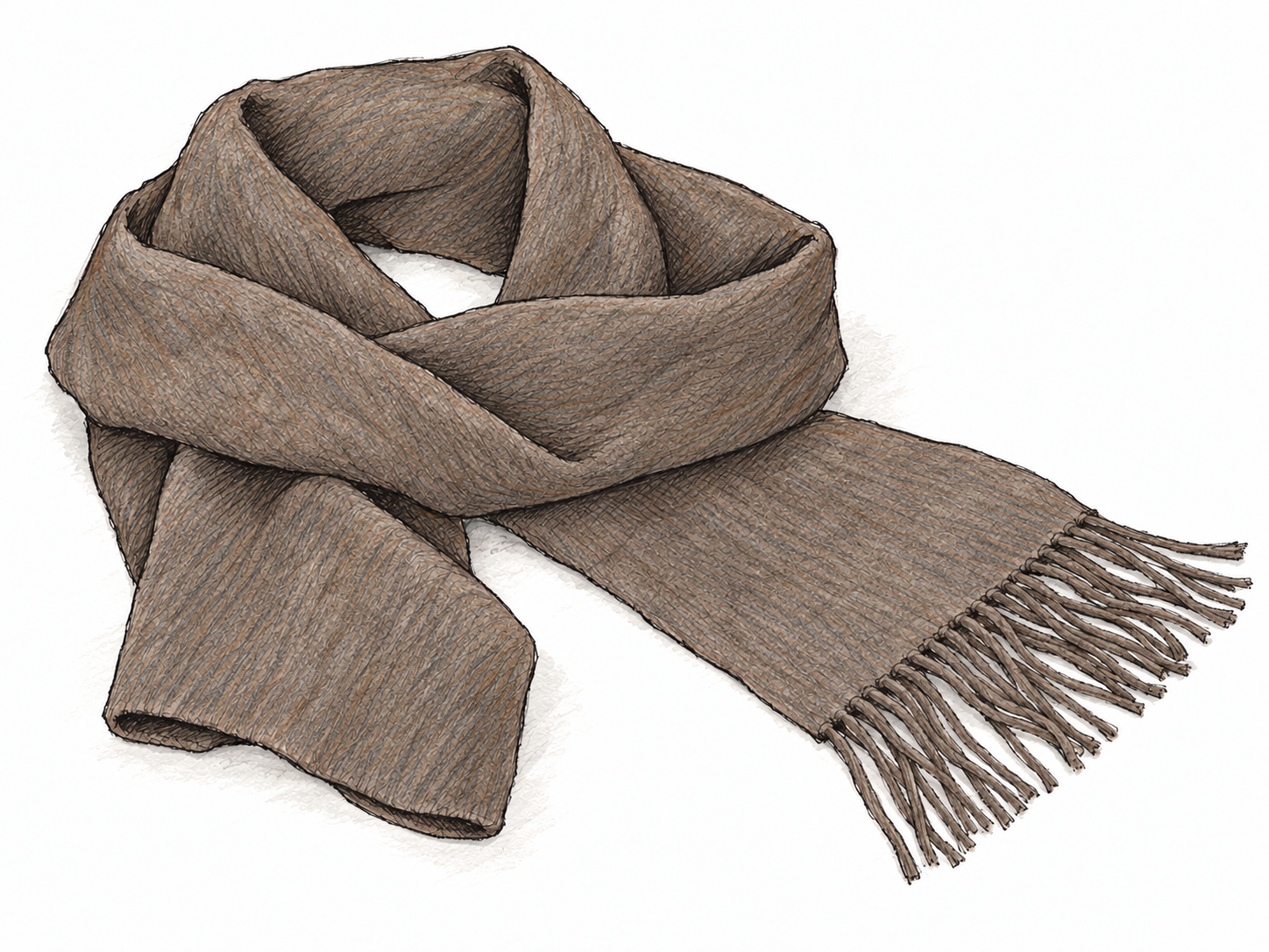 A plain wool scarf loosely folded to display its uniformly dull grayish-brown color against white paper.