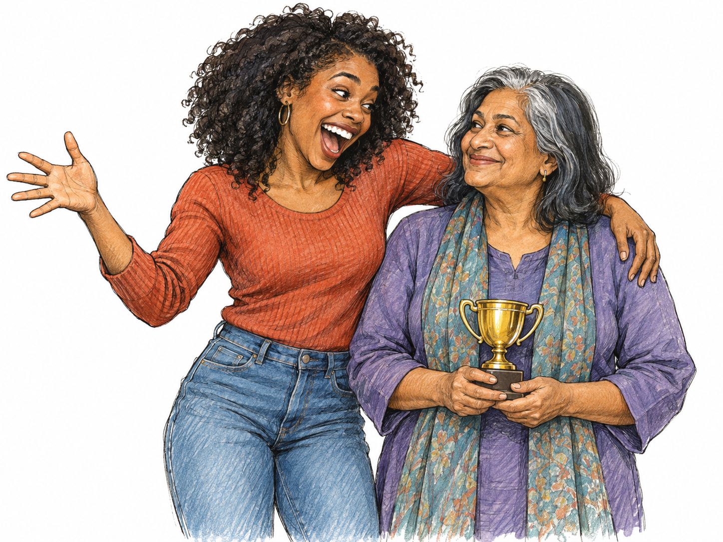 A young woman gives an exuberant, visibly overflowing congratulatory embrace to an older woman holding a small award, contrasting her expansive delight with the recipient's modest smile.