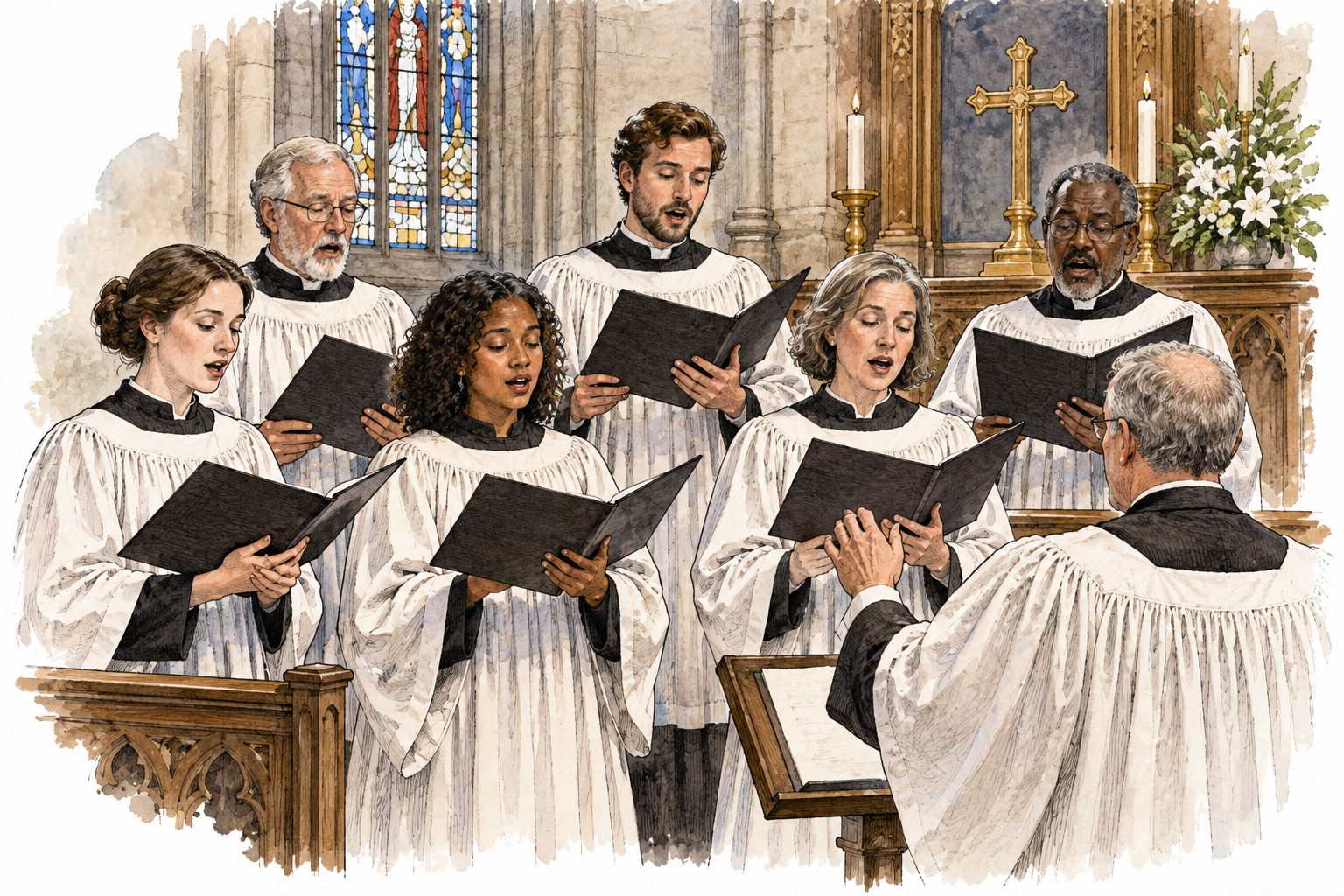 A small mixed choir performs sacred choral music in a church, unlettered music folders, reverent composition.