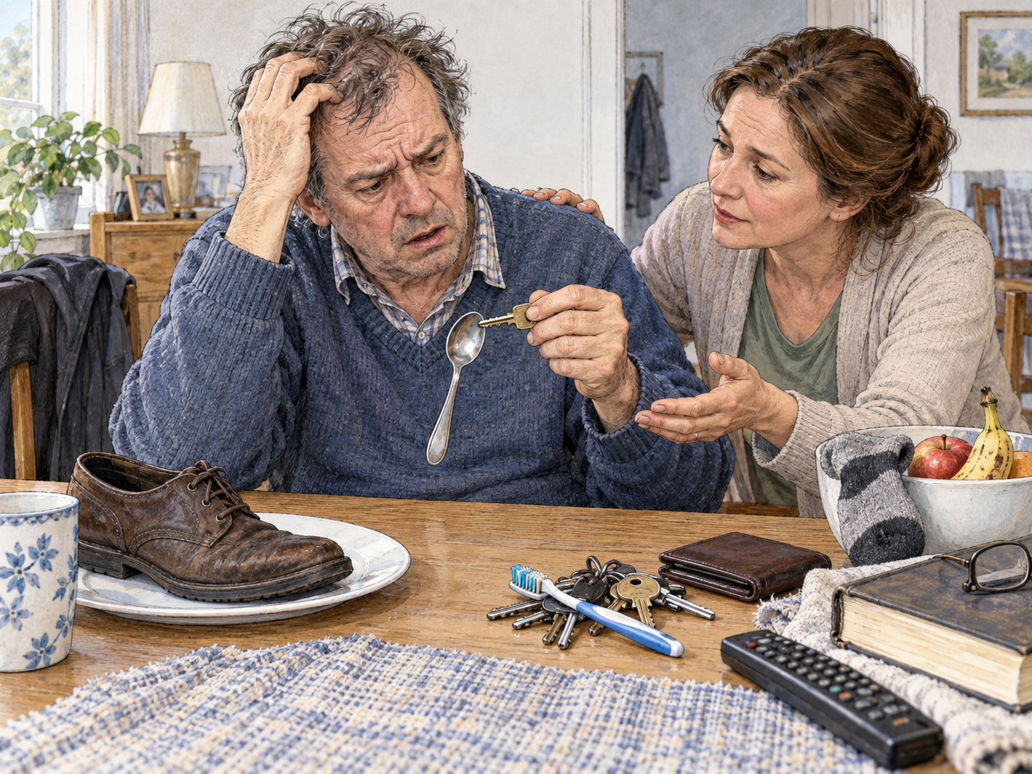 Severe disorganization of everyday object use with a supportive caregiver.