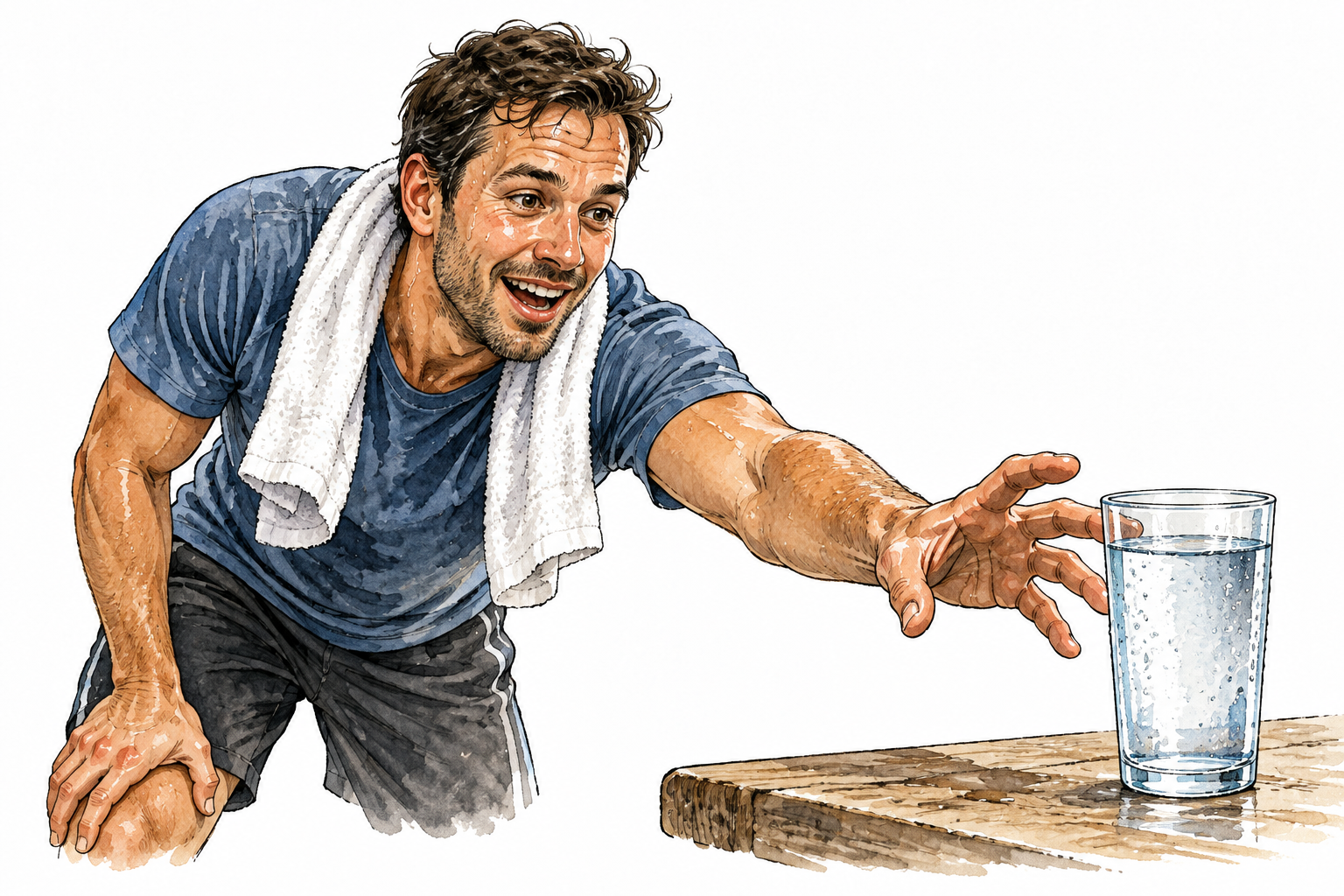 A thirsty adult eagerly reaches for a fresh glass of water after exertion, relieved anticipation.