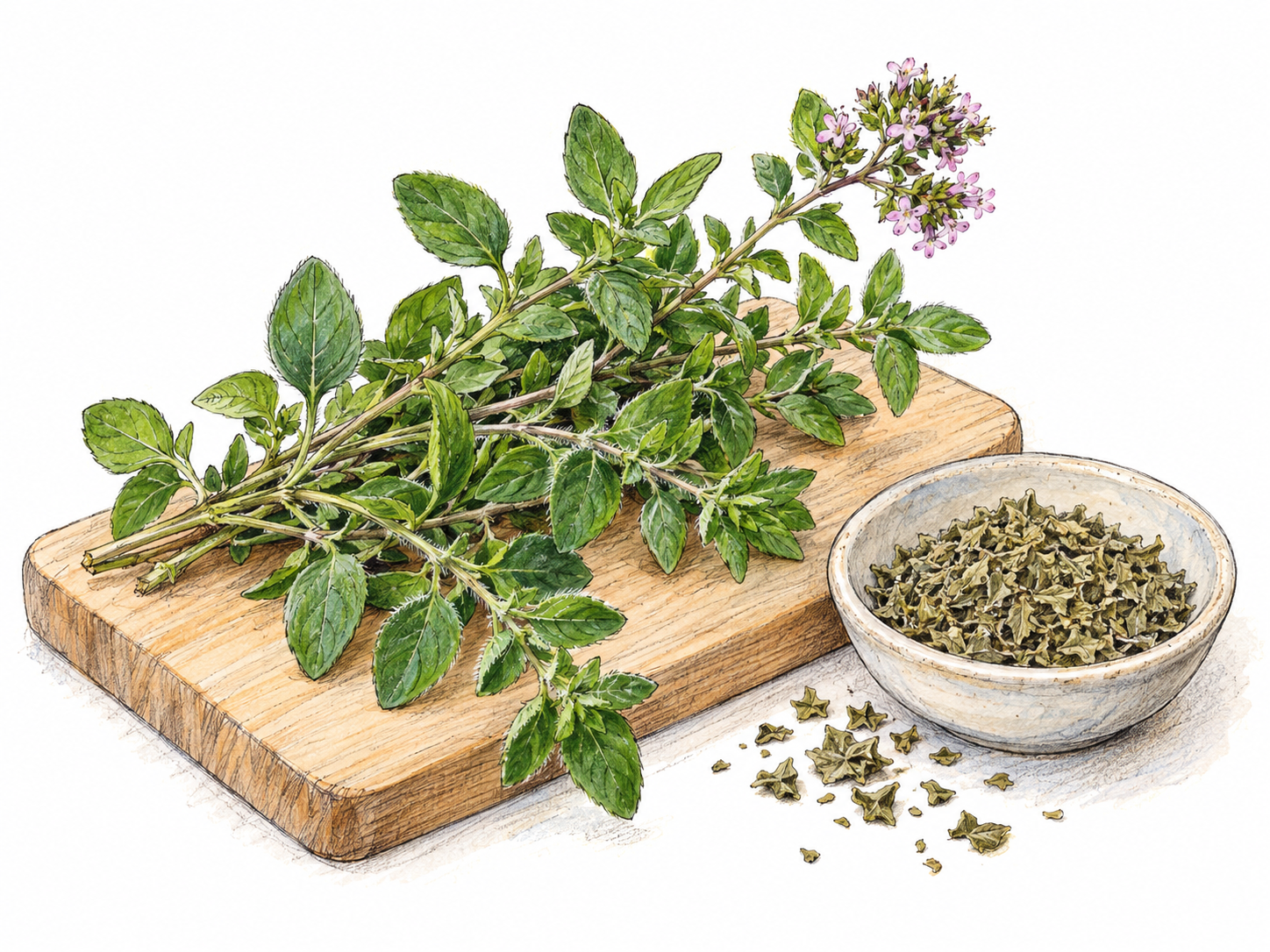 A close, botanically recognizable bunch of fresh oregano beside a small dish of dried oregano, with a few dried leaves scattered on a plain cutting board to establish its culinary use.