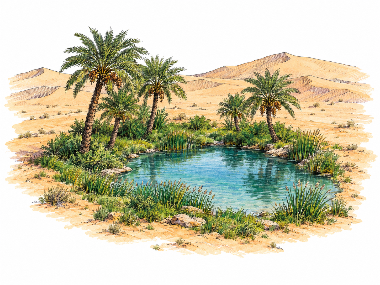 A small freshwater pool ringed by lush grasses and date palms, visibly isolated among dry, barren desert dunes.