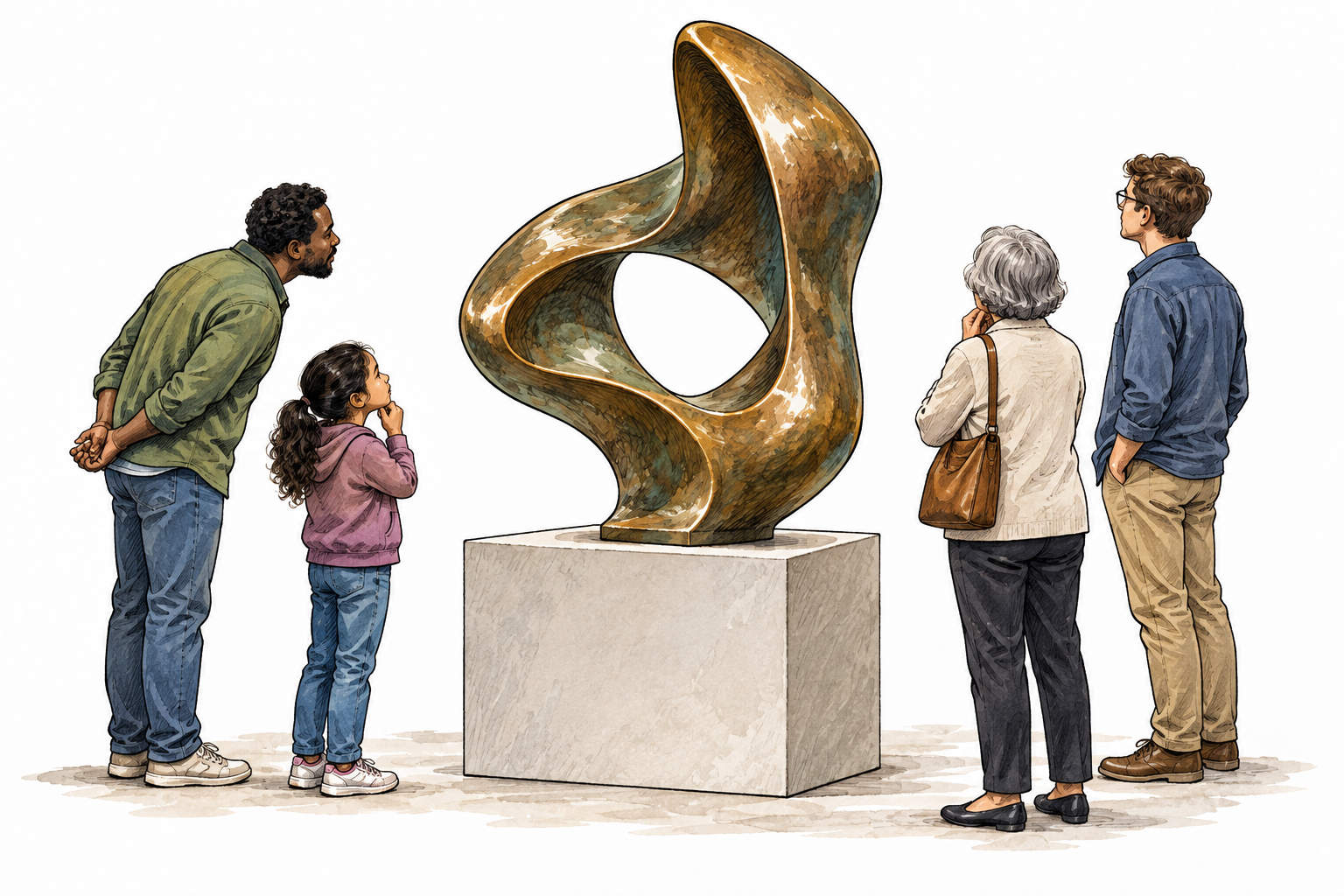 A finished bronze abstract three-dimensional sculpture on a plain pedestal, clearly showing volume.