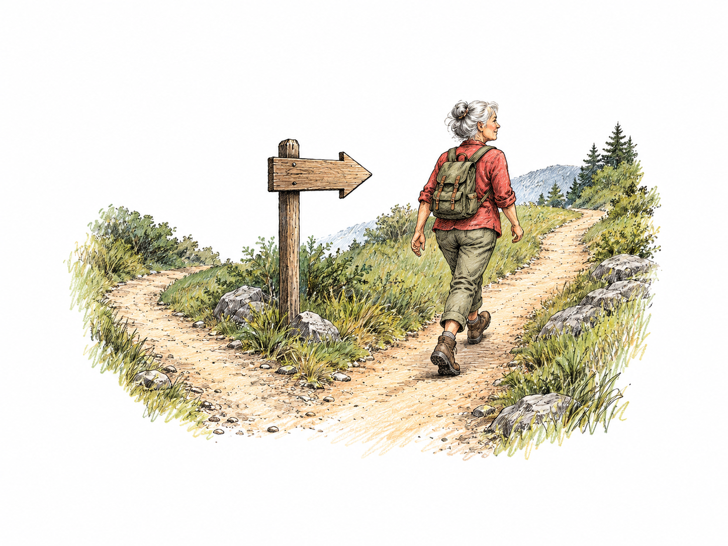 A traveler follows a single clear wooden sign arrow pointing along a forked walking path; arrow is functional shape without lettering, traveler strides on indicated branch.