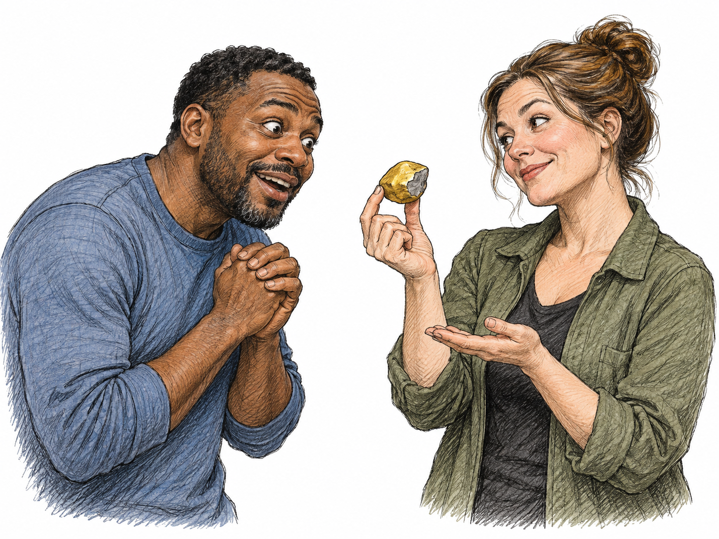 An adult eagerly believes a vendor presenting a gold-painted pebble as precious, despite an obvious chipped area showing ordinary gray stone; readiness to believe without evidence, no readable claim, money or real product.