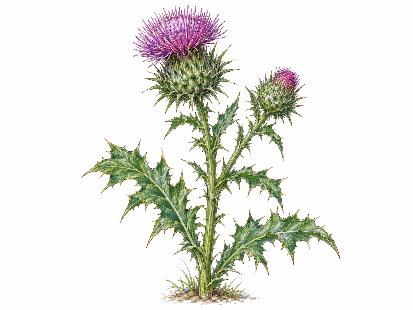A single recognizable thistle plant with sharply spined, deeply lobed leaves and purple tufted flower heads above spiny green bracts.