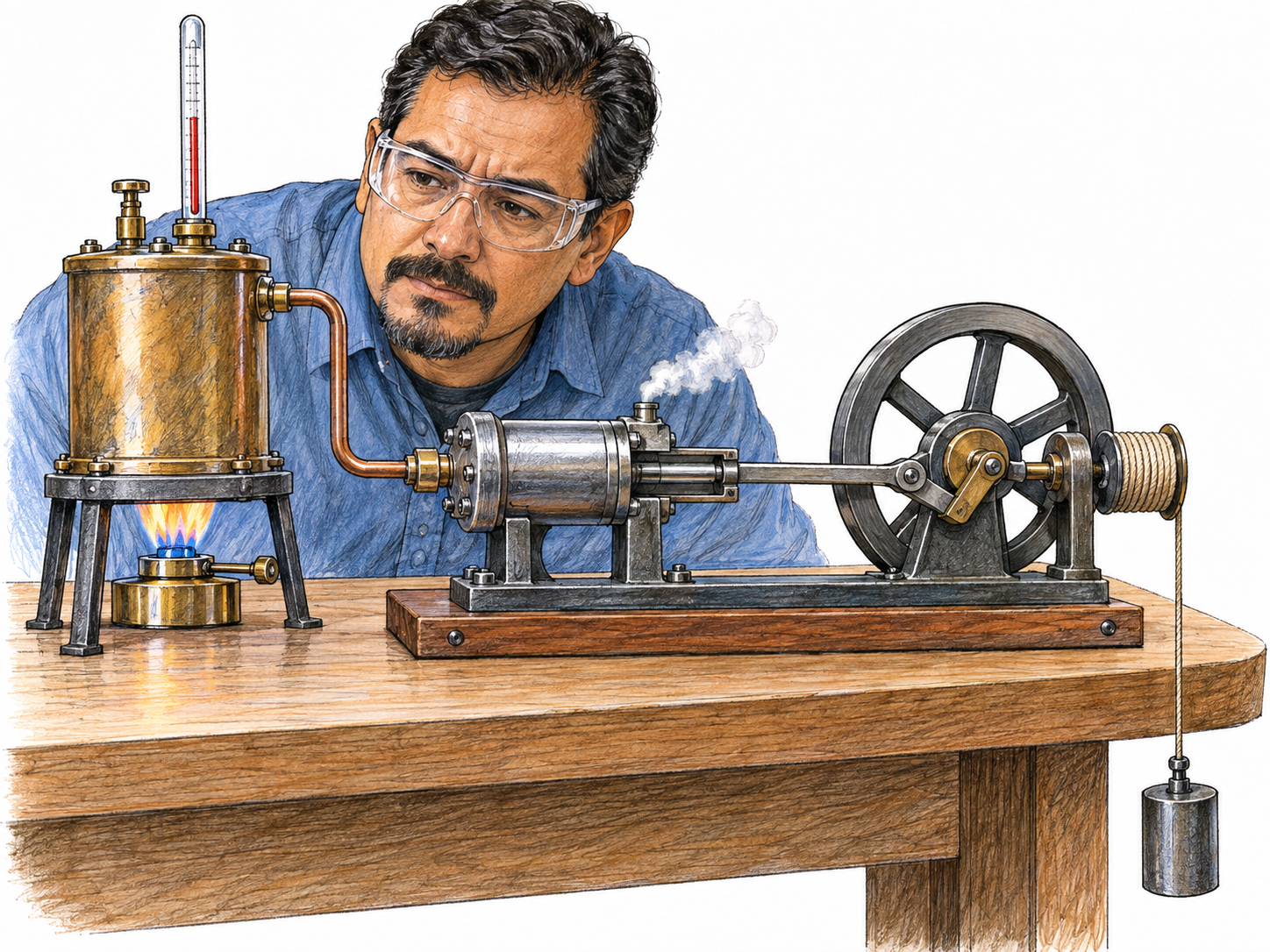 A scientist studies a working tabletop heat engine: a flame heats a small boiler, steam drives a piston and flywheel, and the flywheel winds a cord to lift a weight.