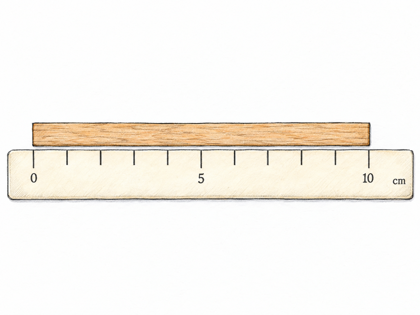 A straight wooden strip lies immediately above a ruler, with its two square-cut ends aligned precisely to 0 and 10.