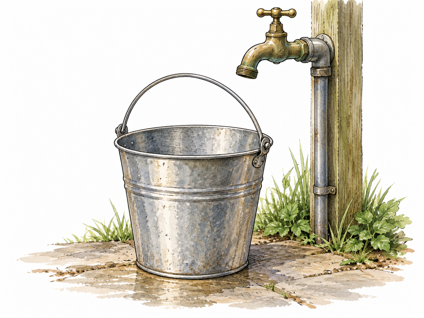 A metal pail with a single curved handle beside a garden tap.