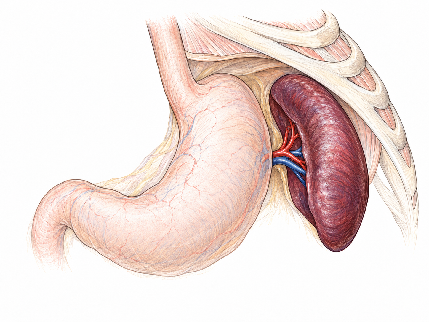 An anatomically accurate spleen emphasized in a simple upper-abdominal anatomical view, with a faint stomach and left lower ribs establishing its characteristic position.