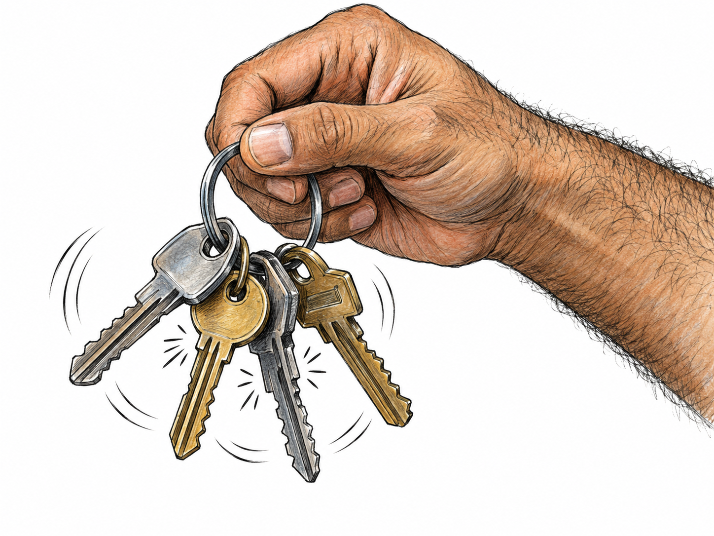 Close-up of a man vigorously shaking a loose bunch of metal keys so they visibly collide, with short irregular vibration strokes suggesting their harsh metallic ringing.
