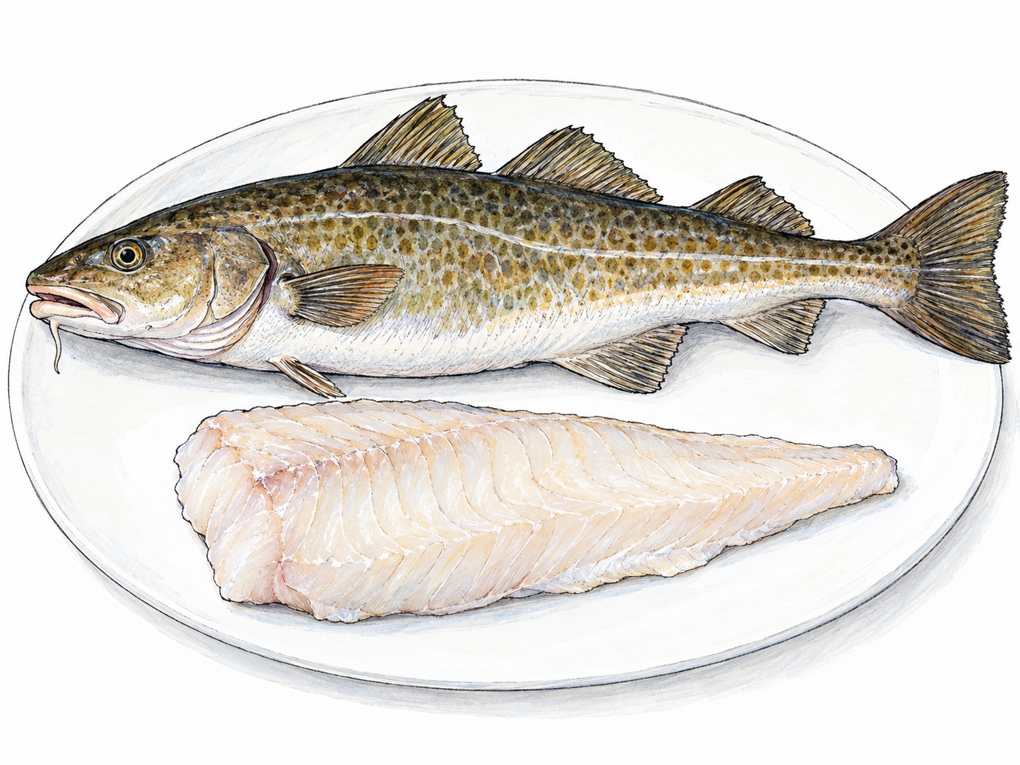 A whole cod in clear side view beside one fresh white-fleshed fillet on a plain white platter, showing both the recognizable fish and its edible flesh.