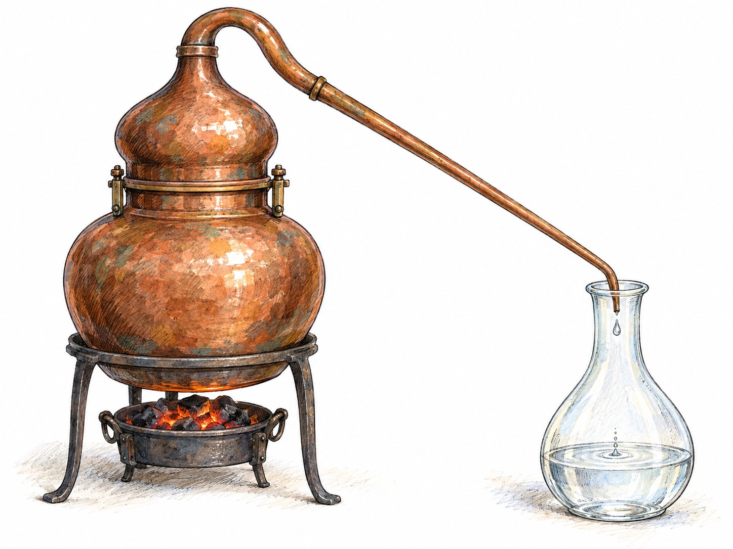 An antique copper alembic in operation: a rounded boiler heated over a small charcoal brazier, a domed collecting head with a long descending spout, and a clear receiving flask catching a droplet of distilled liquid.
