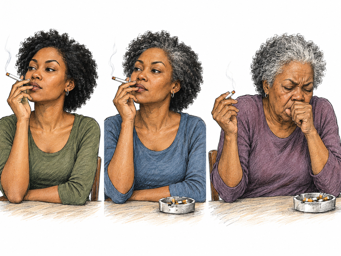 An inveterate smoker: the same woman continues the same smoking habit through young adulthood, middle age, and old age, still holding a lit cigarette while coughing in the final scene.
