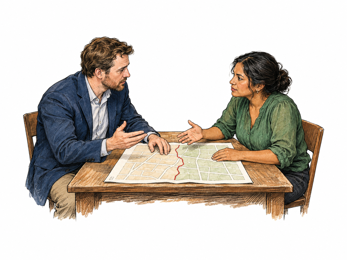 Representatives of opposing neighborhood groups sit on opposite sides of a small table discussing a disputed boundary shown as one plain line on a map.