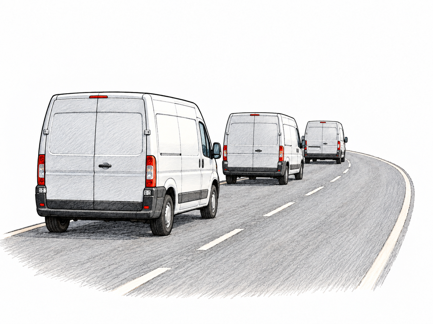 Three unbranded delivery vans travel in an orderly close line along one curving road, same direction with sensible spacing; minimal surroundings.