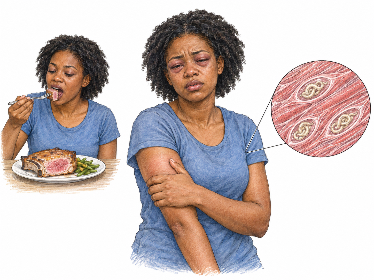 A compact two-stage medical vignette connects eating visibly undercooked pork with characteristic eyelid swelling and muscle pain, reinforced by an enlarged view of coiled larvae within skeletal muscle.