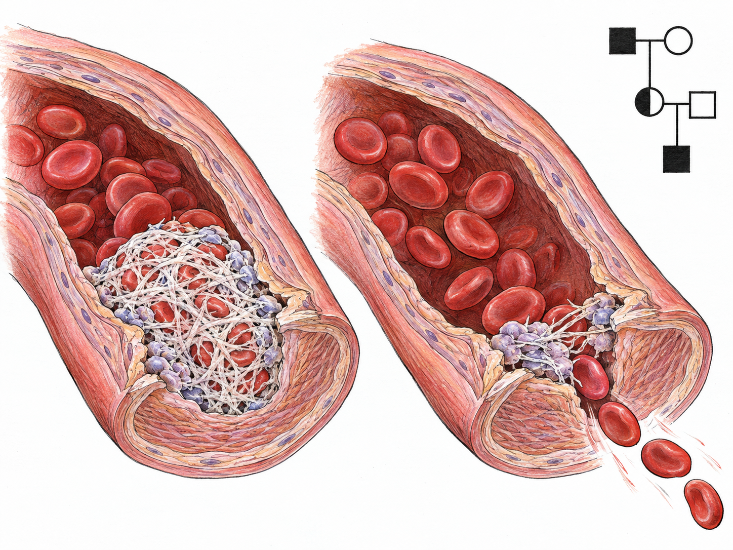 A compact, text-free medical comparison shows a normal clot beside a weak, incomplete clot, supported by a small conventional inheritance pedigree.