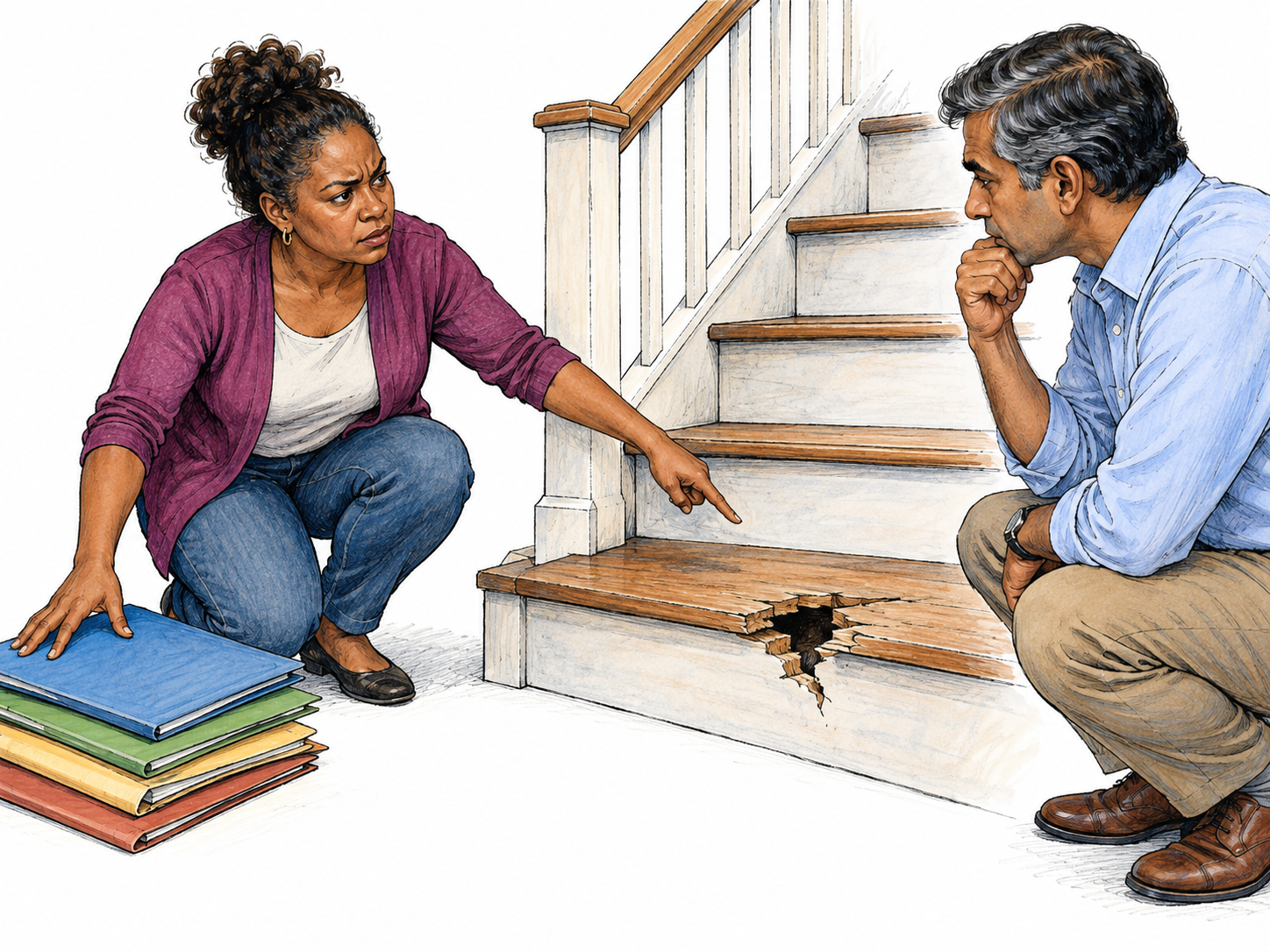 A complainant points firmly to the single broken stair in a clear photograph while setting several irrelevant plain folders aside, emphasizing the central complaint; no written accusation.