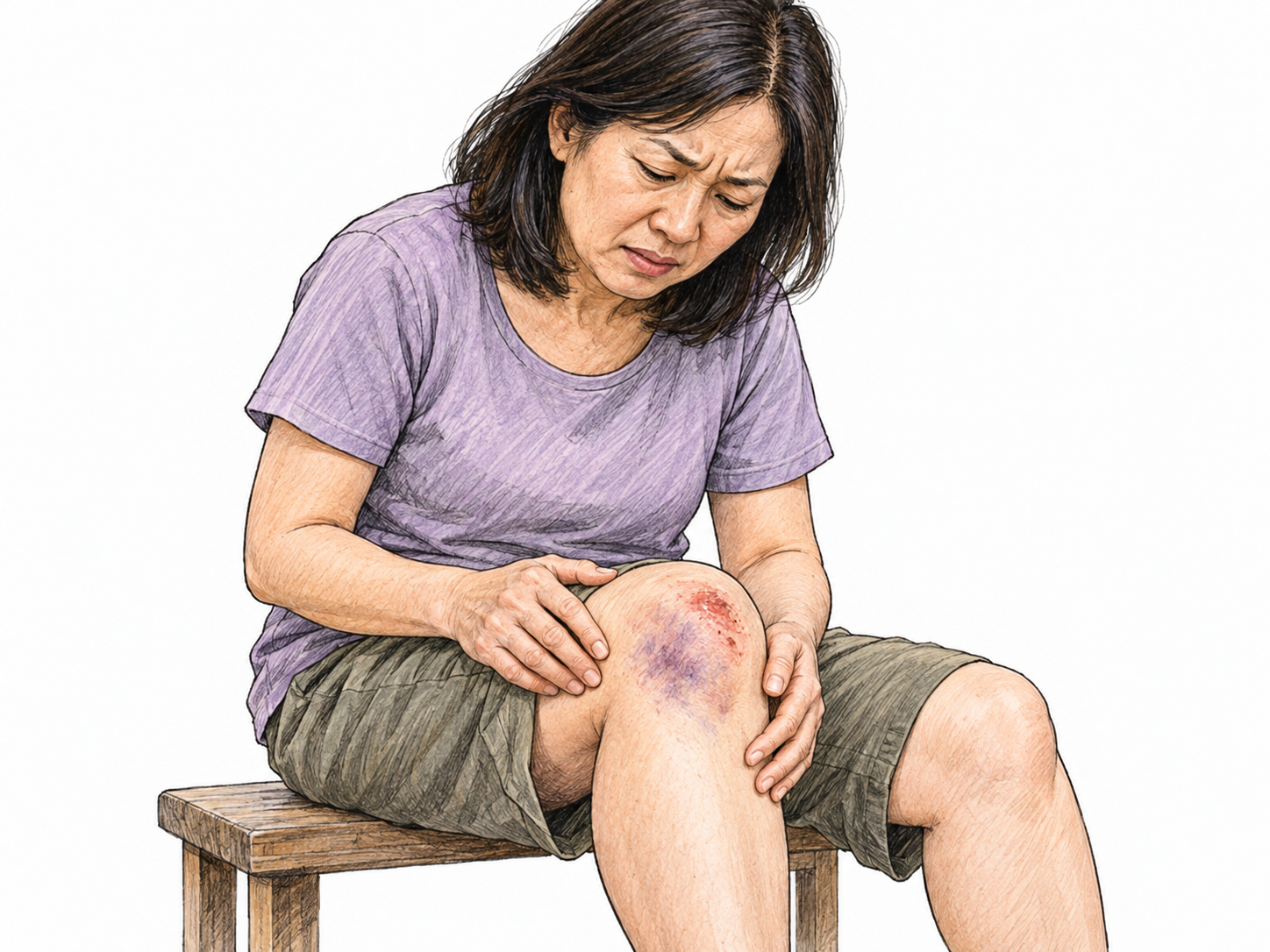 A woman examines a visibly bruised and scraped knee, making physical injury itself the focal point rather than treatment or a dangerous action.