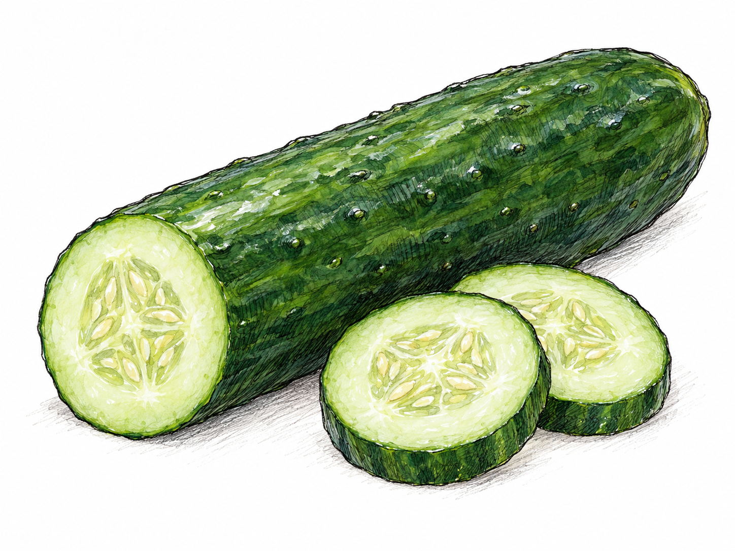 A fresh long green cucumber with its end cut off and two round slices beside it, exposing pale, moist flesh and a translucent seeded center.