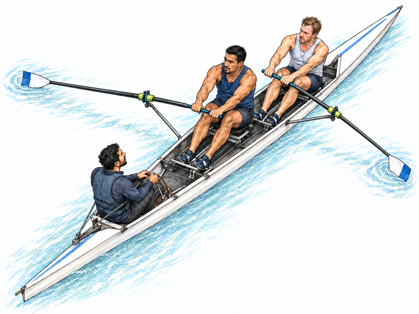 A steep overhead view of a coxed racing pair makes the cox's opposite seating direction, steering controls, and attentive direction of the two rowers immediately visible, while exposing both sweep oars as continuous straight shafts.
