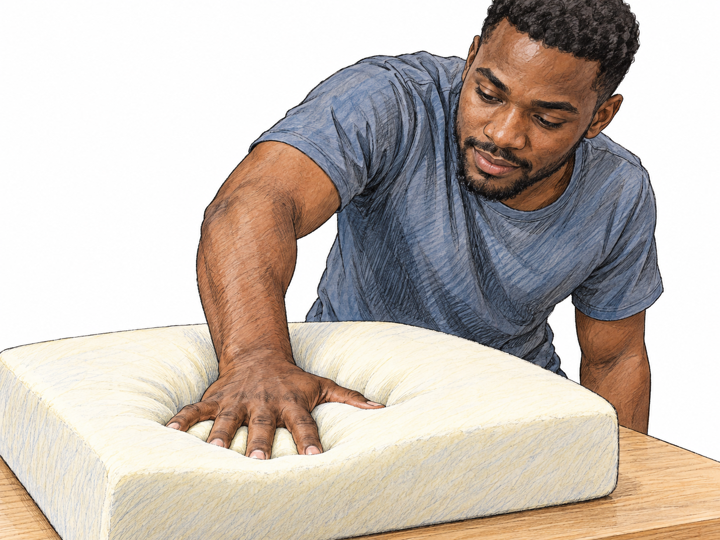 A young man presses his open palm firmly into a thick foam cushion on a table, producing a deep, clearly visible indentation beneath his hand.
