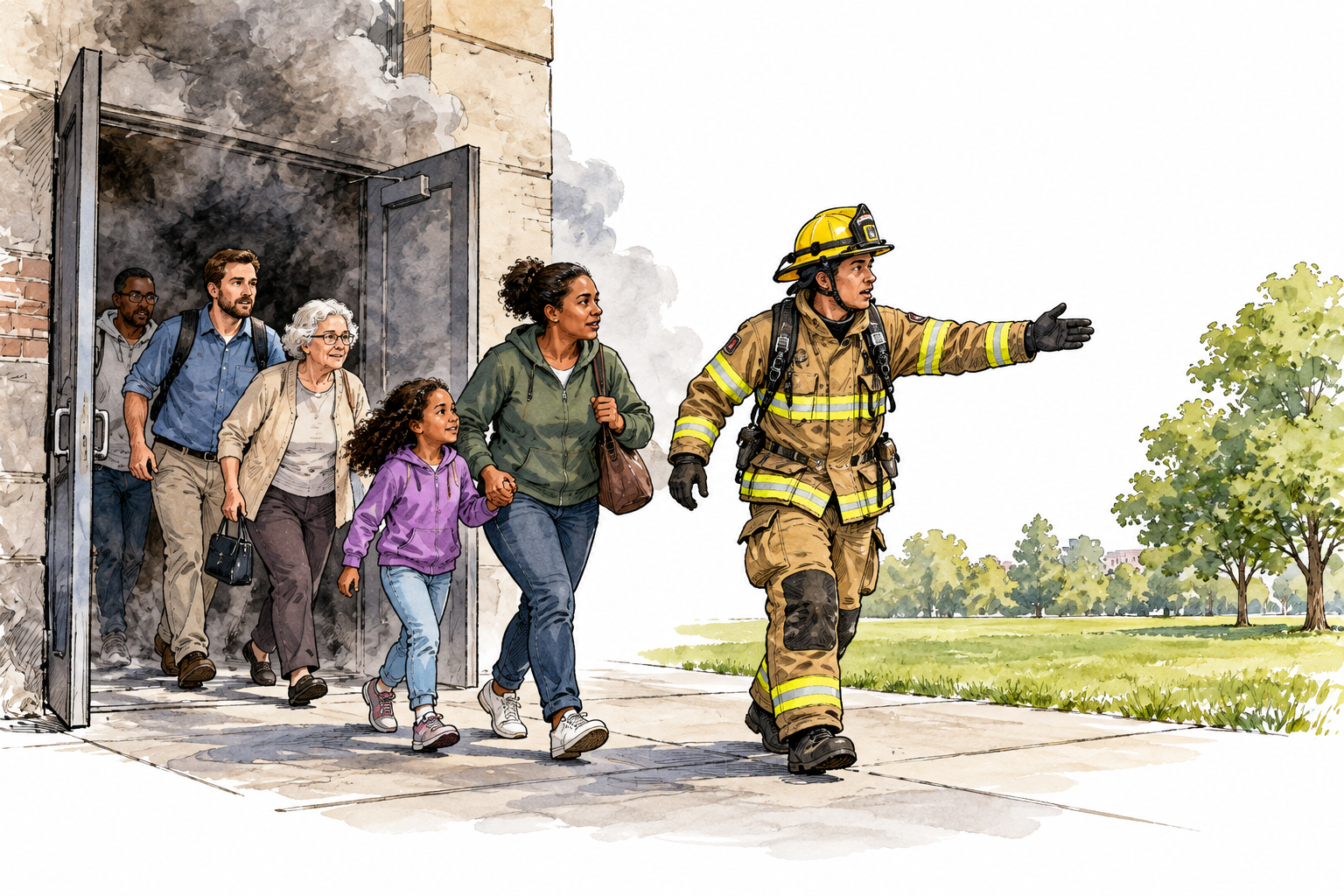 A rescue worker guides adults out of a smoky building toward a clearly safe open area; no injuries.